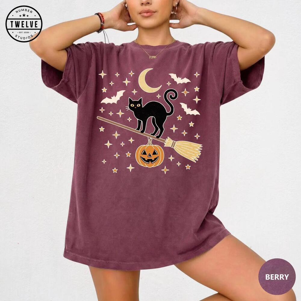 Black Cat On Broom Shirt, Halloween Bats Tee For Women, Pumpkin